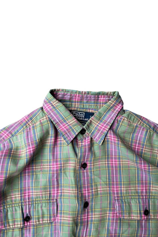 90'S BENFORD L/S CHECK WORK SHIRT / GREEN [SIZE: L USED]