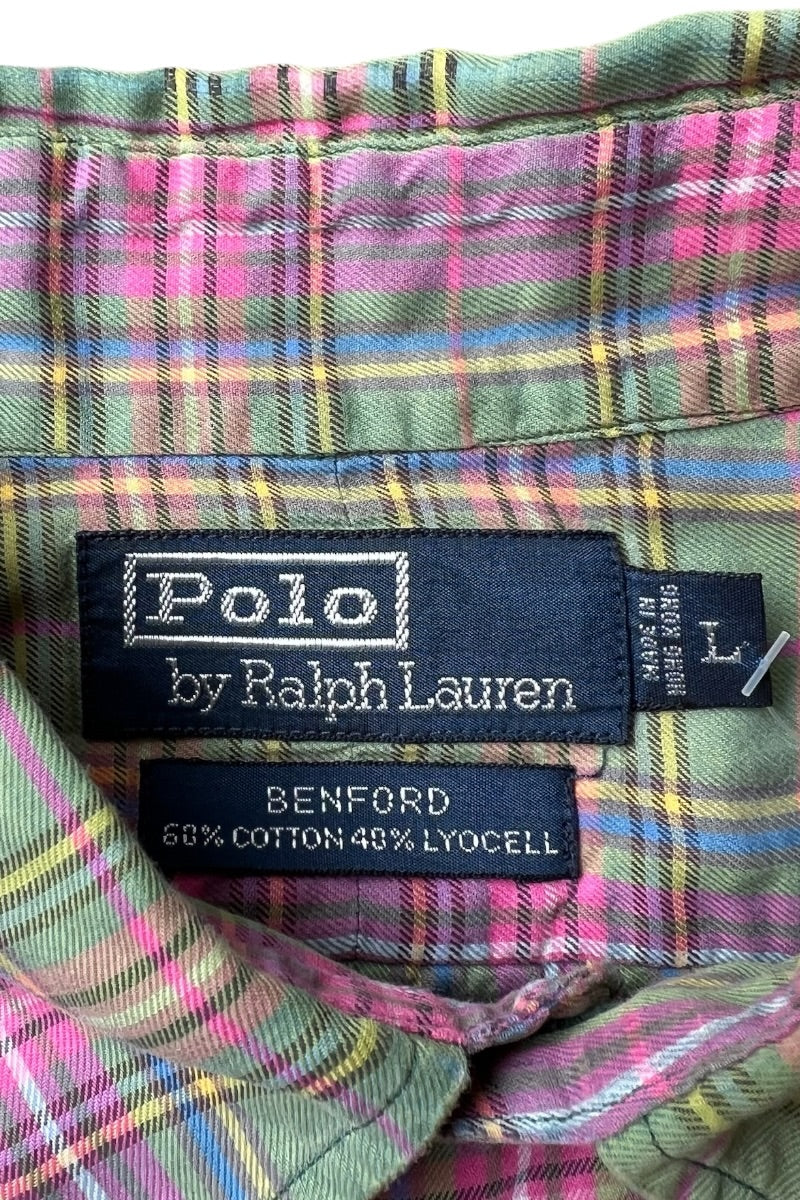 90'S BENFORD L/S CHECK WORK SHIRT / GREEN [SIZE: L USED]