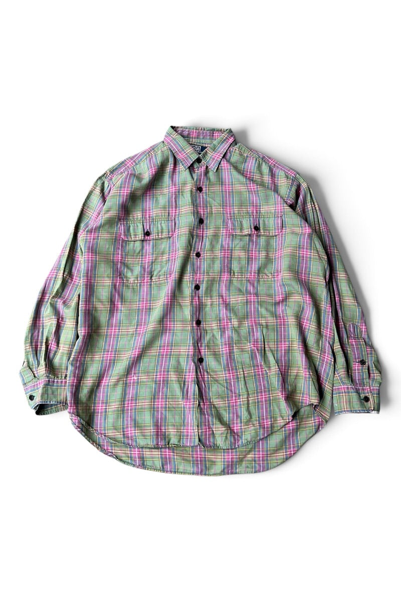 90'S BENFORD L/S CHECK WORK SHIRT / GREEN [SIZE: L USED]