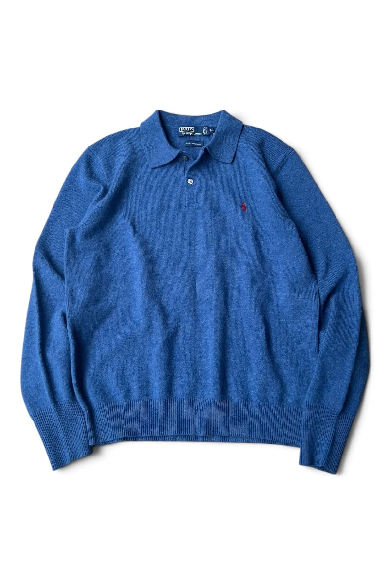 L/S LAMBS WOOL KNIT POLO SHIRT / BLUE [SIZE: L USED]