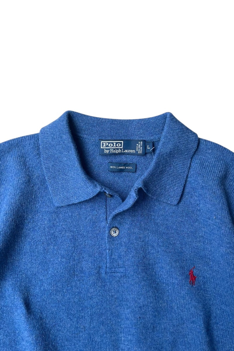 L/S LAMBS WOOL KNIT POLO SHIRT / BLUE [SIZE: L USED]