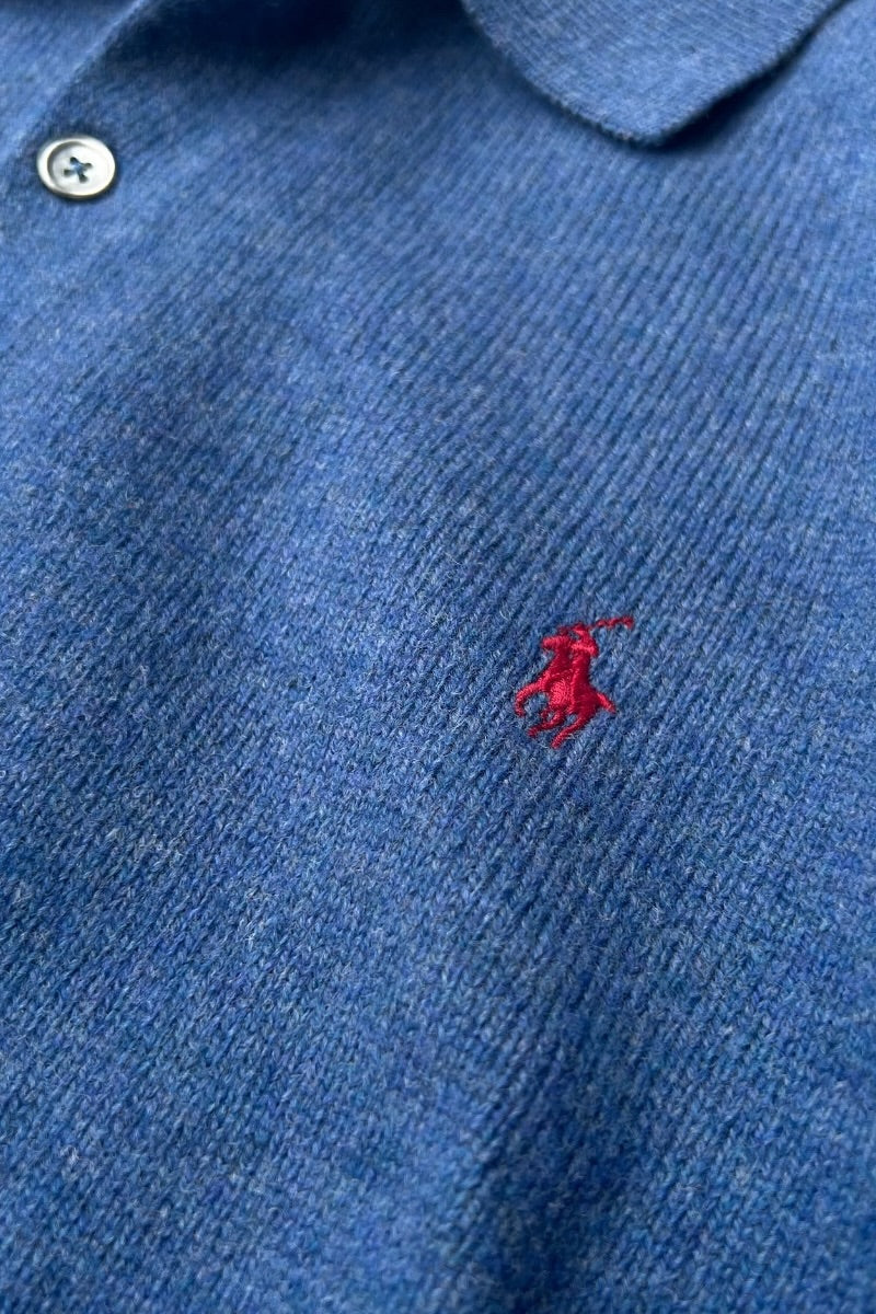 L/S LAMBS WOOL KNIT POLO SHIRT / BLUE [SIZE: L USED]