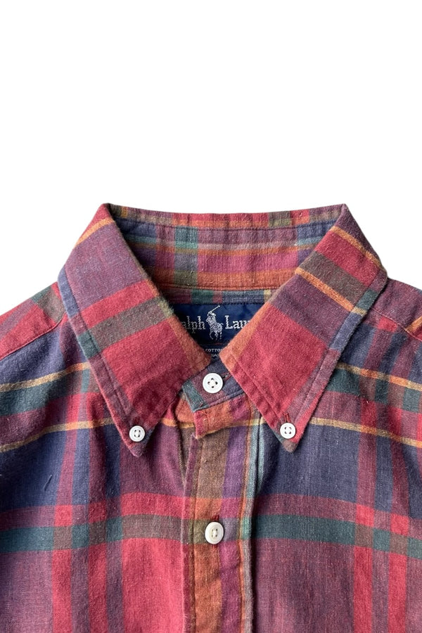 90'S L/S MADRAS CHECK HAND WOVEN BD SHIRT / BURGUNDY [SIZE: M USED]