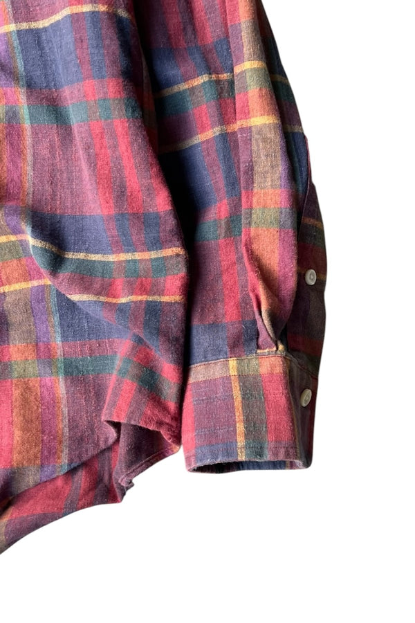 90'S L/S MADRAS CHECK HAND WOVEN BD SHIRT / BURGUNDY [SIZE: M USED]