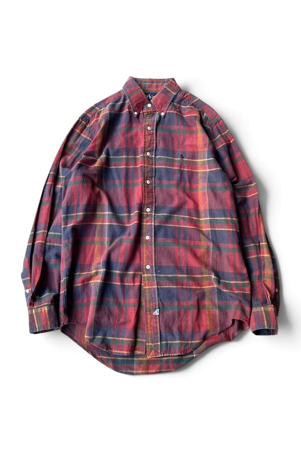 90'S L/S MADRAS CHECK HAND WOVEN BD SHIRT / BURGUNDY [SIZE: M USED]