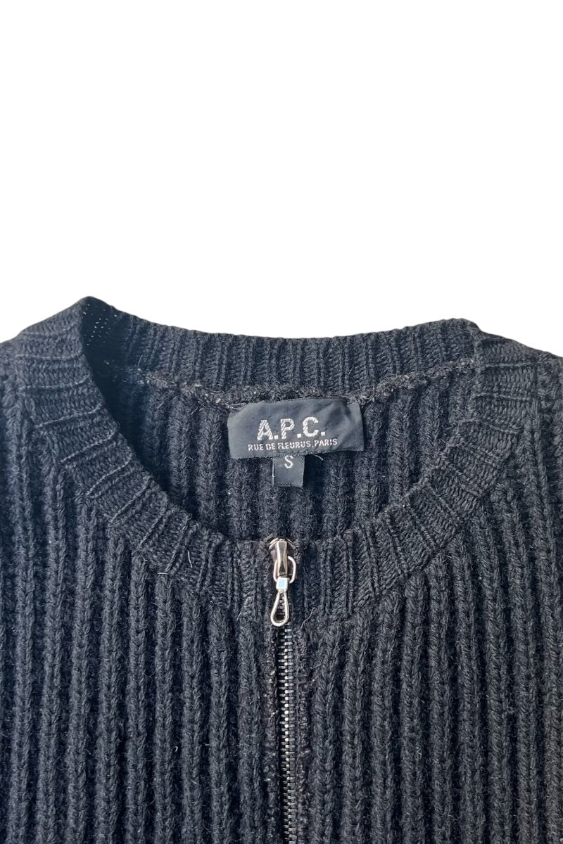 MADE IN FRANCE FULL ZIP WOOL KNIT SWEATER / BLACK [SIZE: S USED]