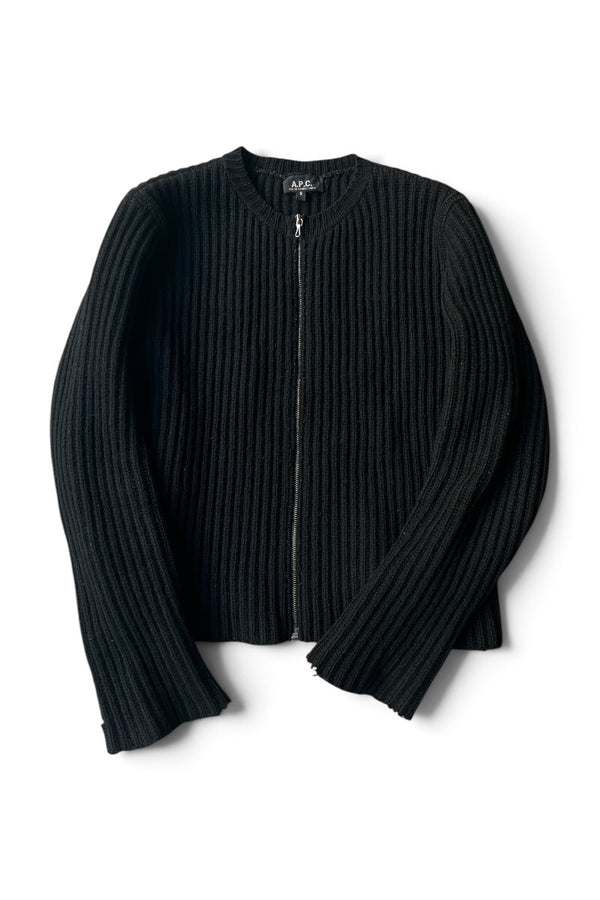 MADE IN FRANCE FULL ZIP WOOL KNIT SWEATER / BLACK [SIZE: S USED]