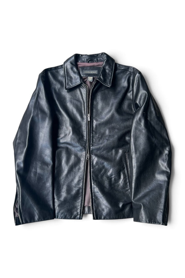 Y2K EARLY 00'S DOUBLE ZIP LEATHER JACKET / BLACK [SIZE: L USED]