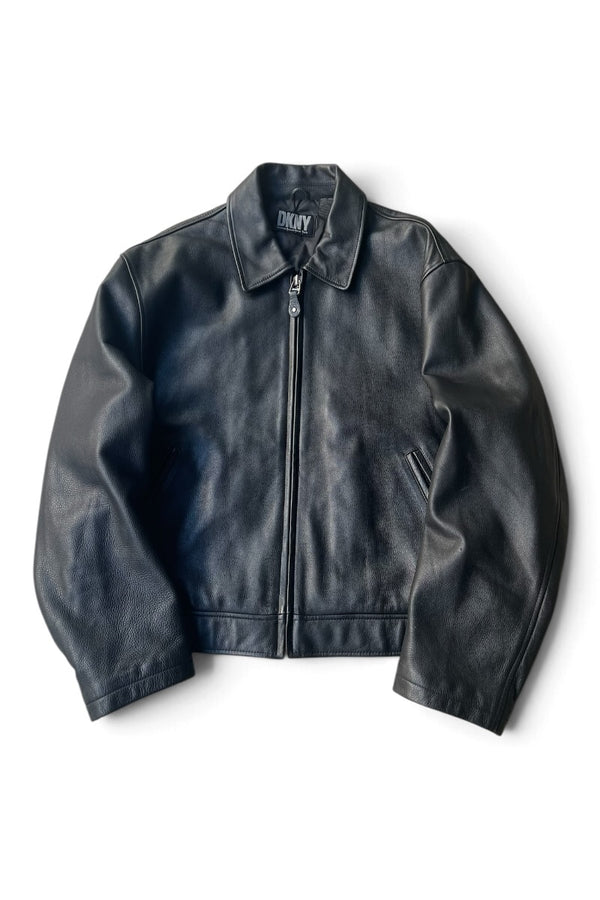90'S LEATHER ZIP JACKET / BLACK [SIZE: XL USED]