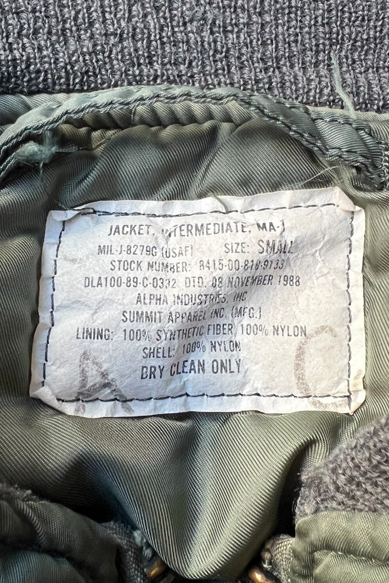 MADE IN USA 88'S AIR FORCE MA-1 JACKET ALPHA INDUSTRIES, INC グランドクルー後期仕様 / KHAKI [SIZE: S USED]