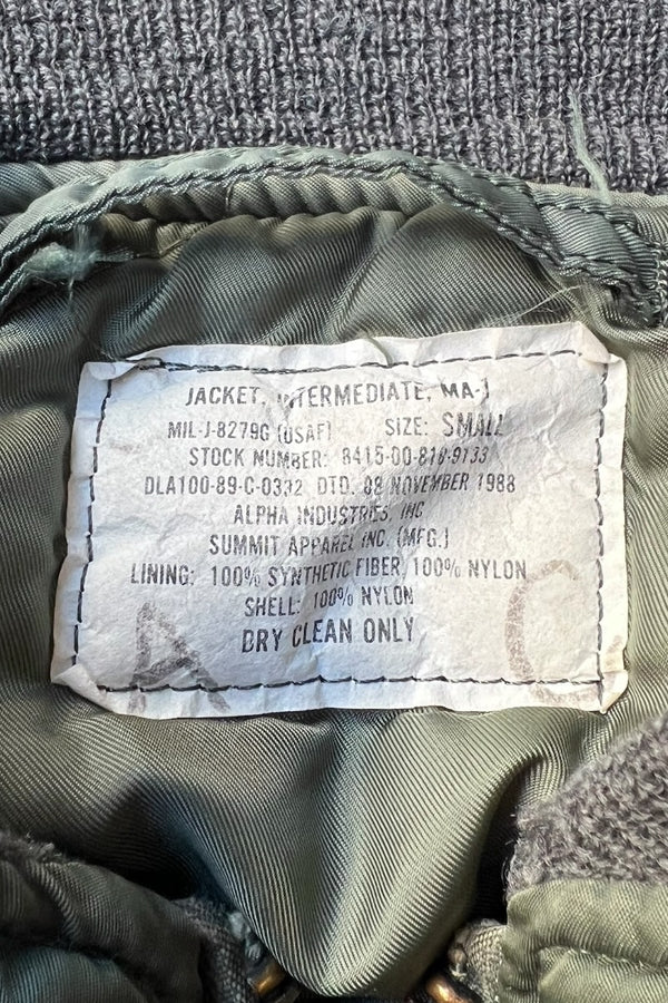 MADE IN USA 88'S AIR FORCE MA-1 JACKET ALPHA INDUSTRIES, INC グランドクルー後期仕様 / KHAKI [SIZE: S USED]