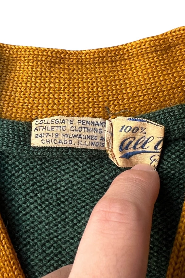 MADE IN USA 50'S LANE TECH HIGH SCHOOL WOOL CARDIGAN / GREEN [SIZE: M USED]