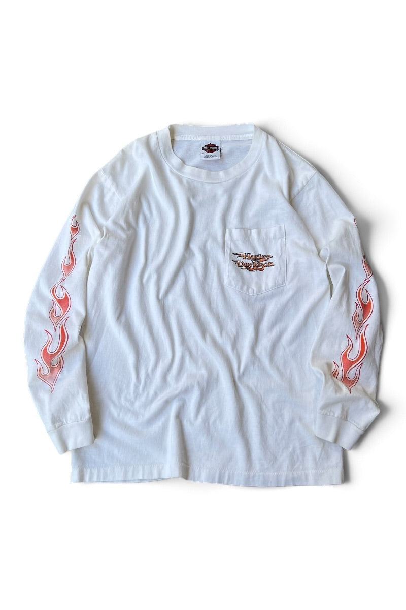 MADE IN USA Y2K EARLY 02'S L/S FIRE FLAME T-SHIRT / WHITE [SIZE: M USED]