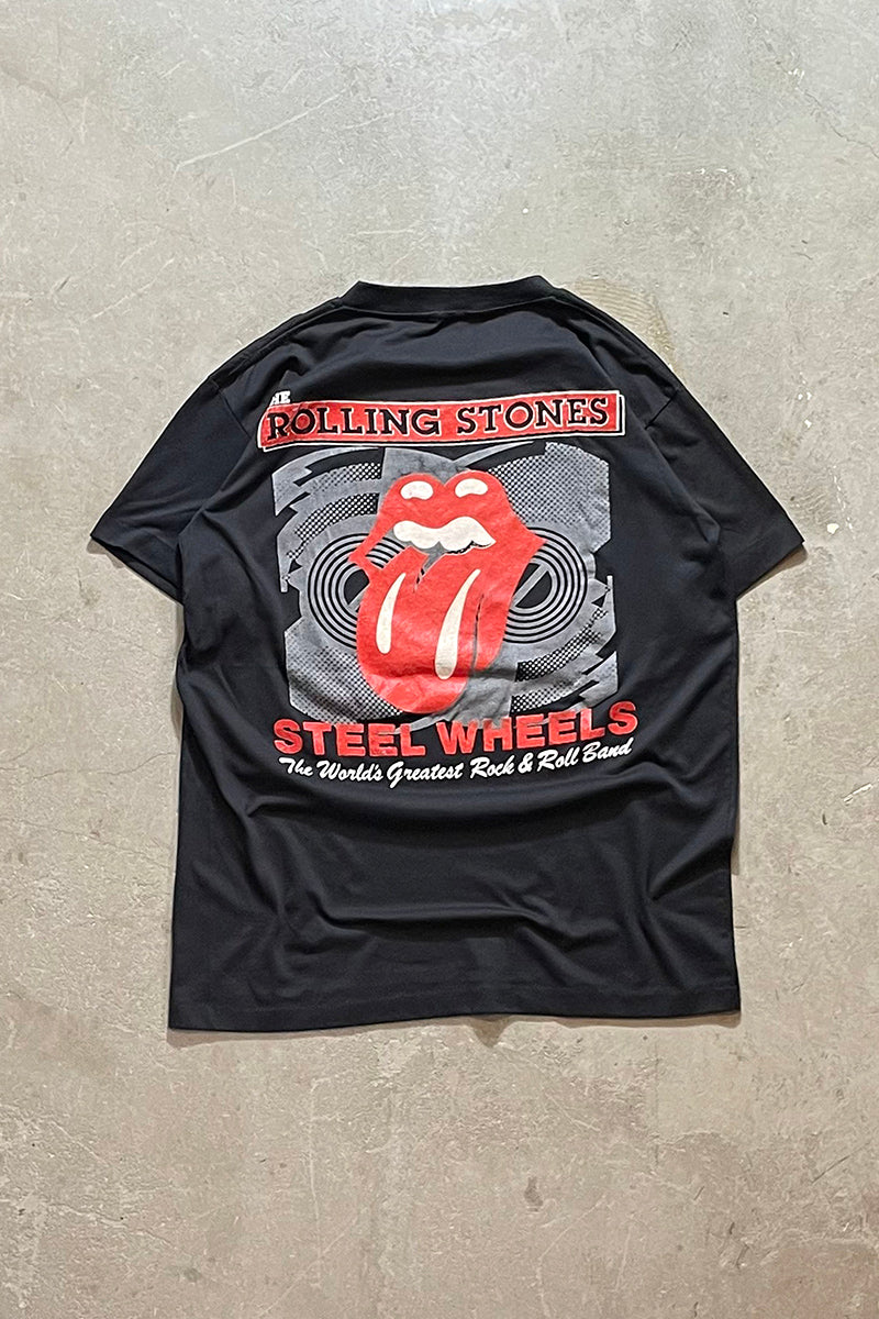 89'S THE ROLLING STONES STEEL WHEELS BAND T-SHIRT / BLACK [SIZE: L USED]