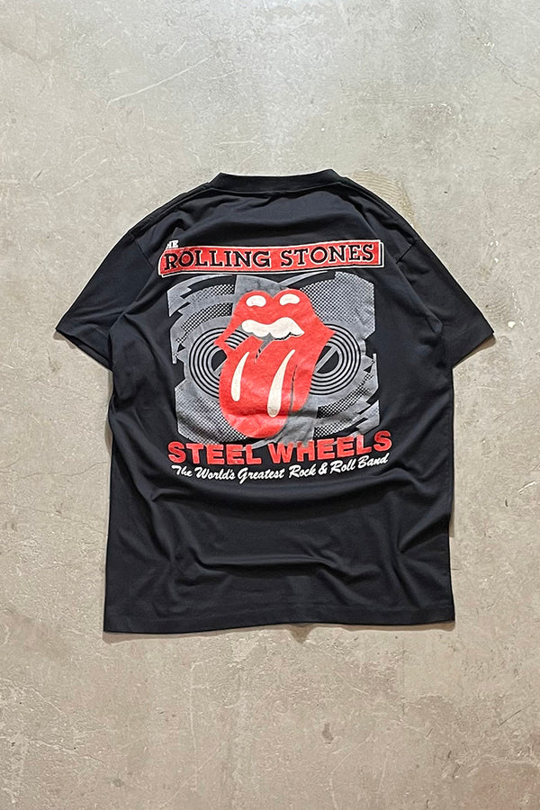 89'S THE ROLLING STONES STEEL WHEELS BAND T-SHIRT / BLACK [SIZE: L USED]