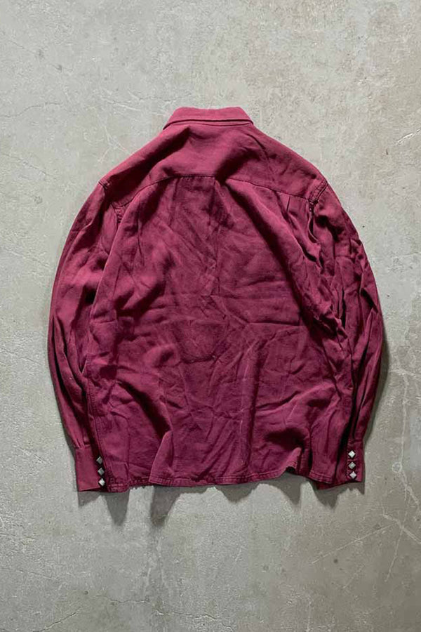 70'S L/S OPEN COLLAR RAYON WESTERN SHIRT / RED [SIZE: M USED]