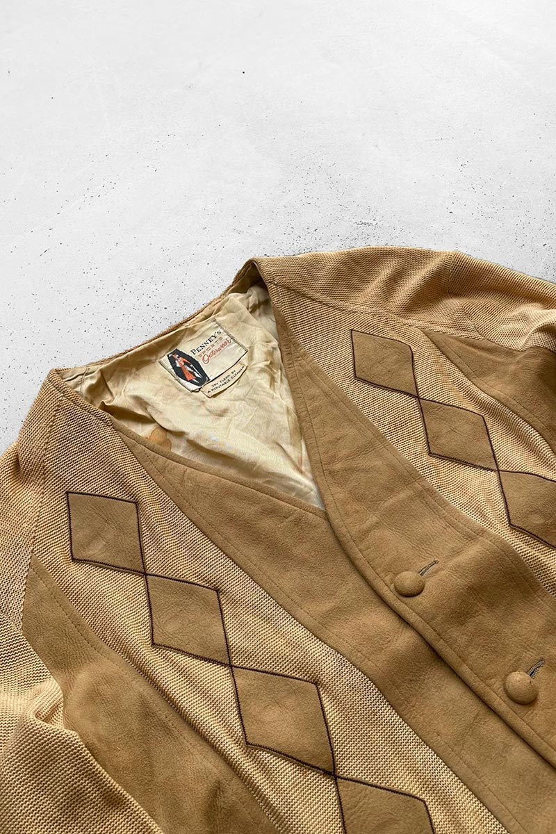 60s SUEDE KNIT CARDIGAN / BEIGE [SIZE: M equivalent USED]