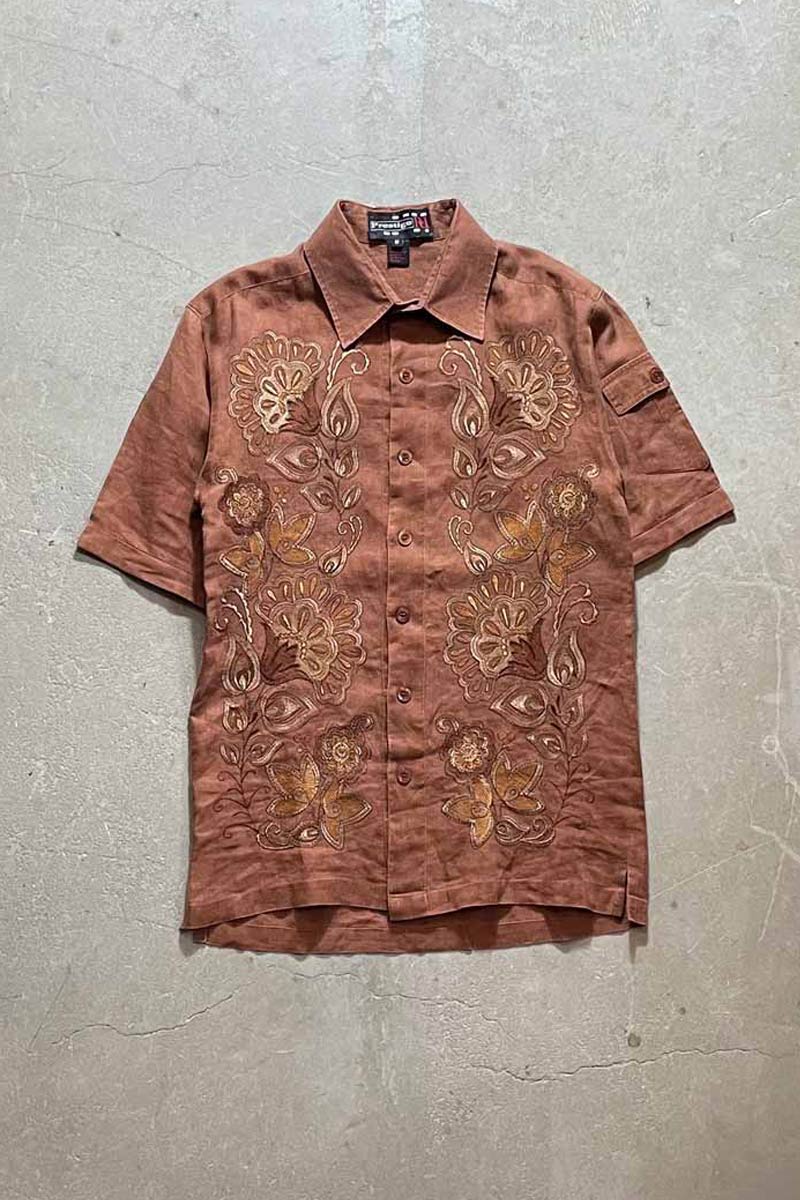 90'S CUBA LINEN S/S SHIRT / BROWN [SIZE: M USED]