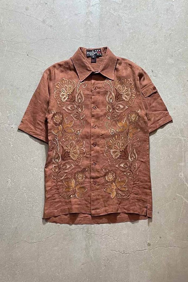 90'S CUBA LINEN S/S SHIRT / BROWN [SIZE: M USED]