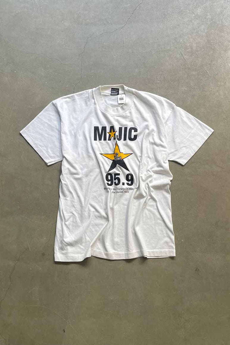 MADE IN USA 90'S S/S RADIIO STATION MAJIC PRINT MESSAGE T-SHIRT / WHITE [SIZE: XL USED]