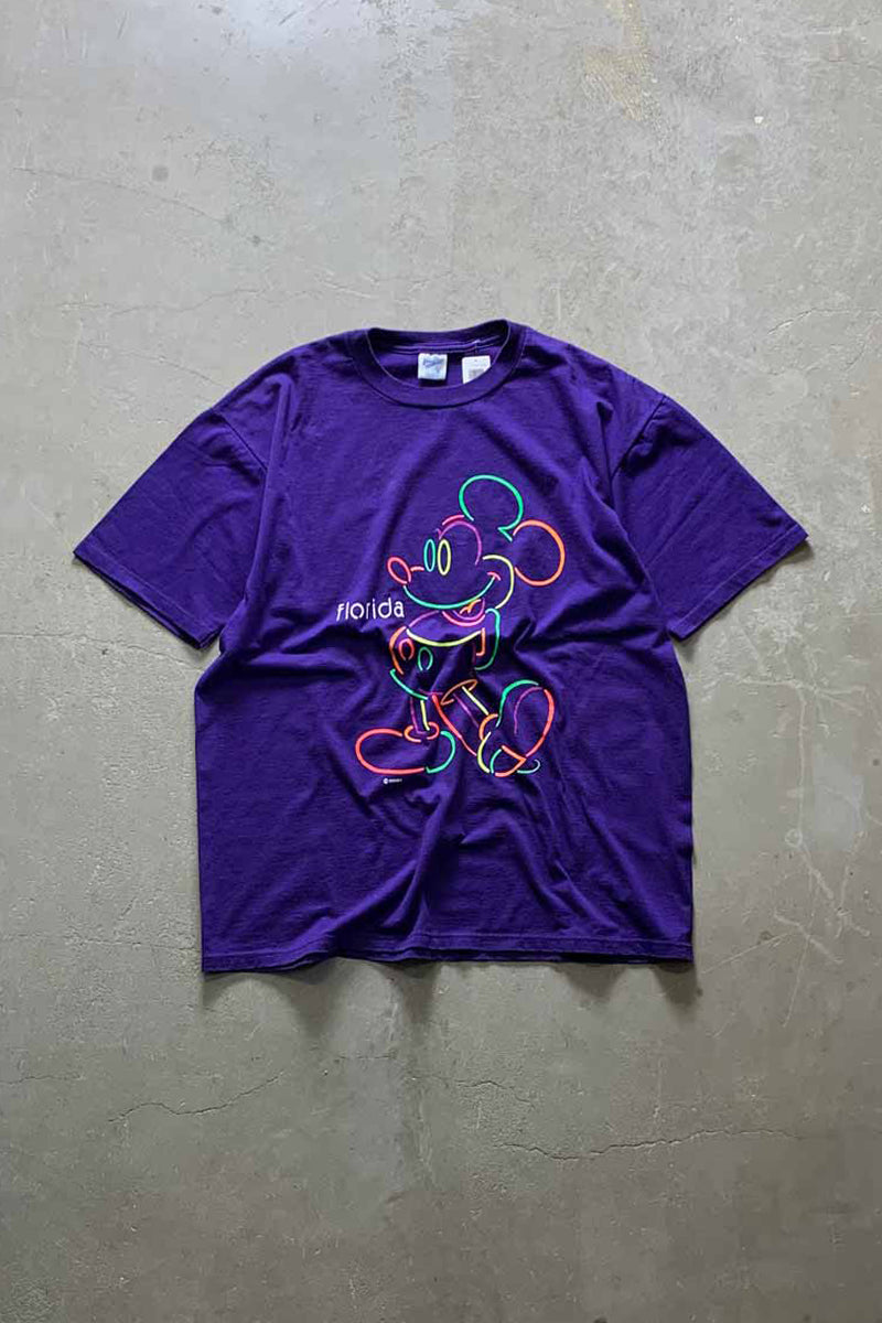 MADE IN USA 90'S S/S MICKEY FLORIDA PRINT CHARACTER T-SHIRT / PURPLE [SIZE: XL USED]