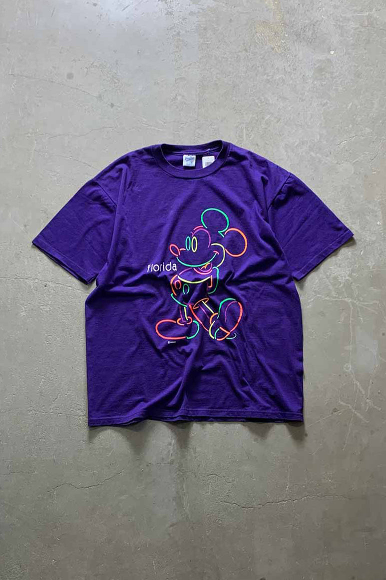 MADE IN USA 90'S S/S MICKEY FLORIDA PRINT CHARACTER T-SHIRT / PURPLE [SIZE: XL USED]