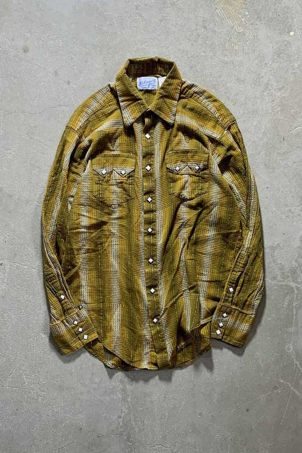 MADE IN USA 70'S L/S OMBRE CHECK WESTERN SHIRT / MUSTARD [SIZE: XL USED]