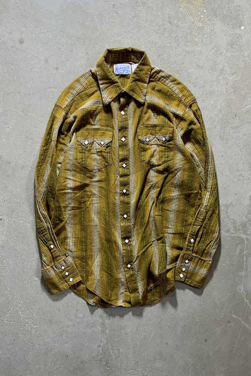 MADE IN USA 70'S L/S OMBRE CHECK WESTERN SHIRT / MUSTARD [SIZE: XL USED]