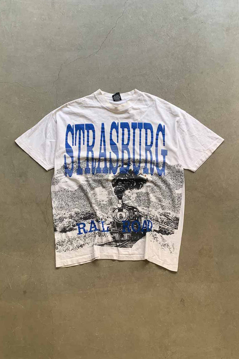 MADE IN USA 90'S S/S STRASBURG PRINT T-SHIRT / WHITE [SIZE: XL USED]