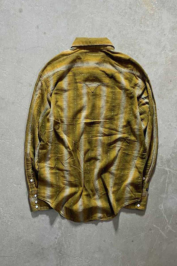 MADE IN USA 70'S L/S OMBRE CHECK WESTERN SHIRT / MUSTARD [SIZE: XL USED]