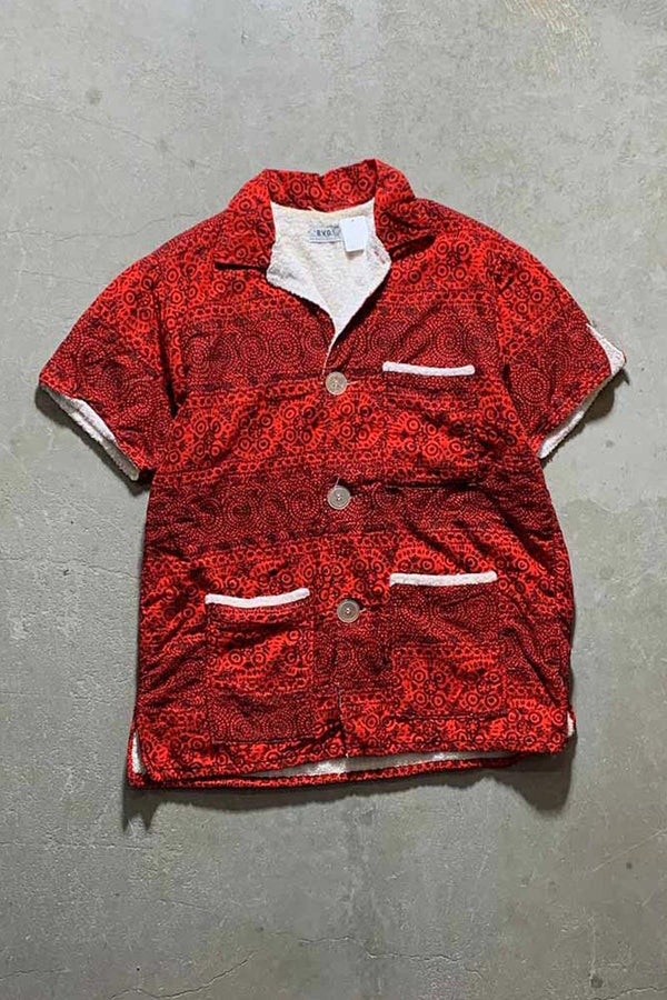 60s-70s Pattern Short-Sleeve Beach Shirt / Red [SIZE: M USED]