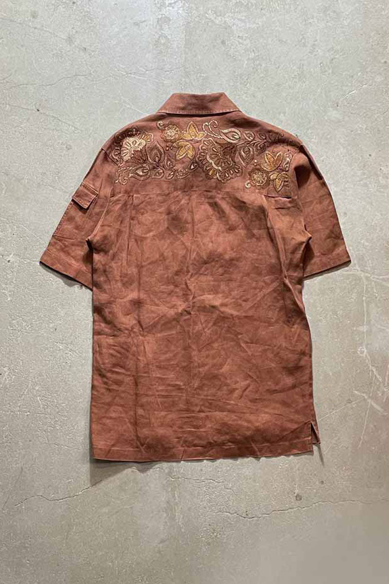90'S CUBA LINEN S/S SHIRT / BROWN [SIZE: M USED]