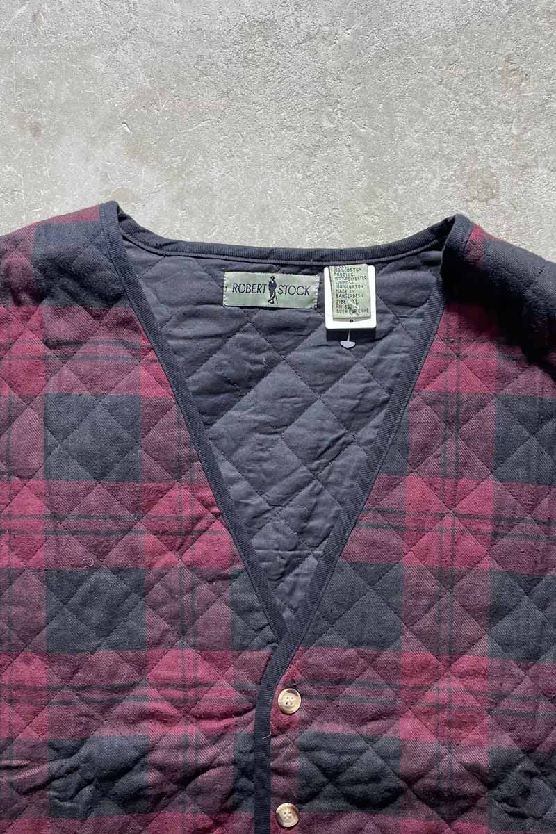90'S COTTON QUILTING CHECK BUTTON VEST/ RED [SIZE:XL USED]