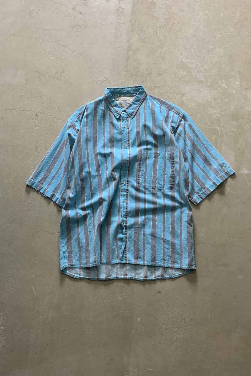 MADE IN INDIA 90'S S/S HAND DRAWING STRIPE COTTON SHIRT / BLUE [SIZE: L USED]