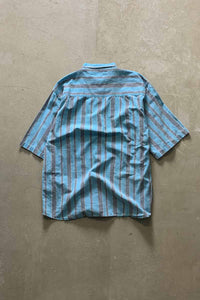 MADE IN INDIA 90'S S/S HAND DRAWING STRIPE COTTON SHIRT / BLUE [SIZE: L USED]