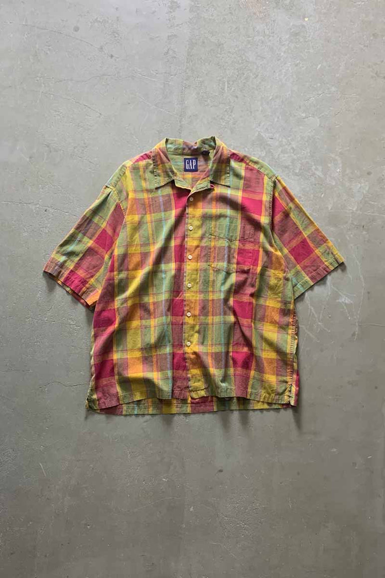 90'S S/S OPEN COLLAR CHECK SHIRT / MULTI [SIZE: L USED]