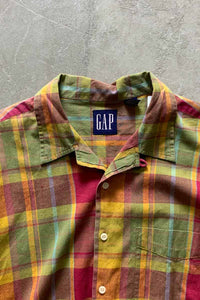 90'S S/S OPEN COLLAR CHECK SHIRT / MULTI [SIZE: L USED]