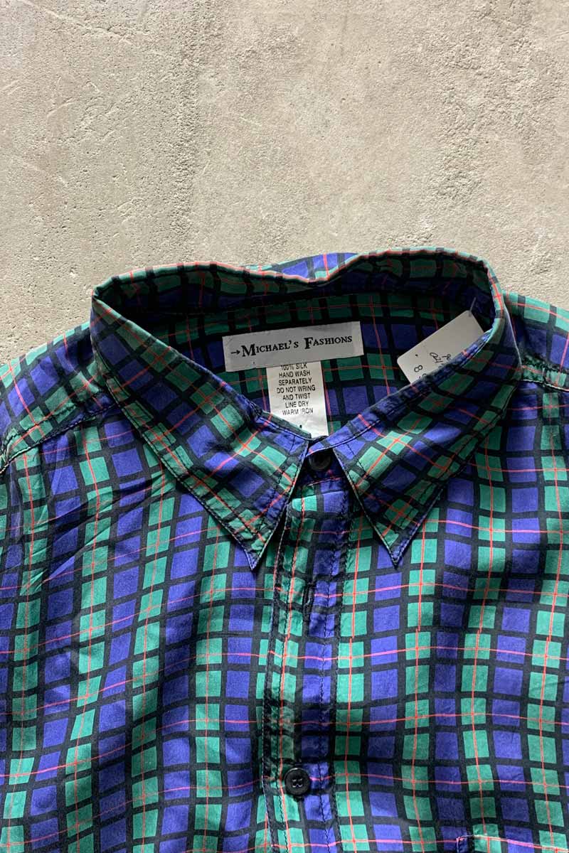 90'S S/S SILK CHECK SHIRT / NAVY [SIZE: M USED]