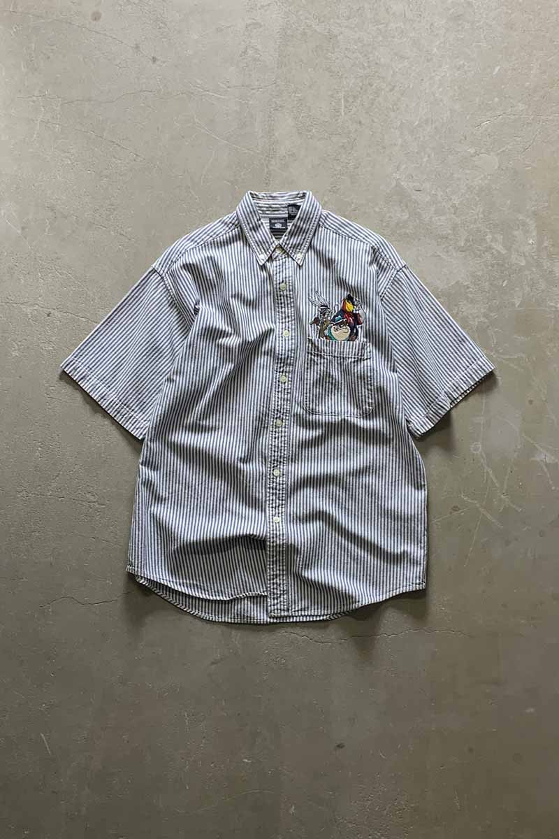 90's S/S STRIPE EMBROIDERY POCKET SHIRT / BLUE [SIZE: S USED]