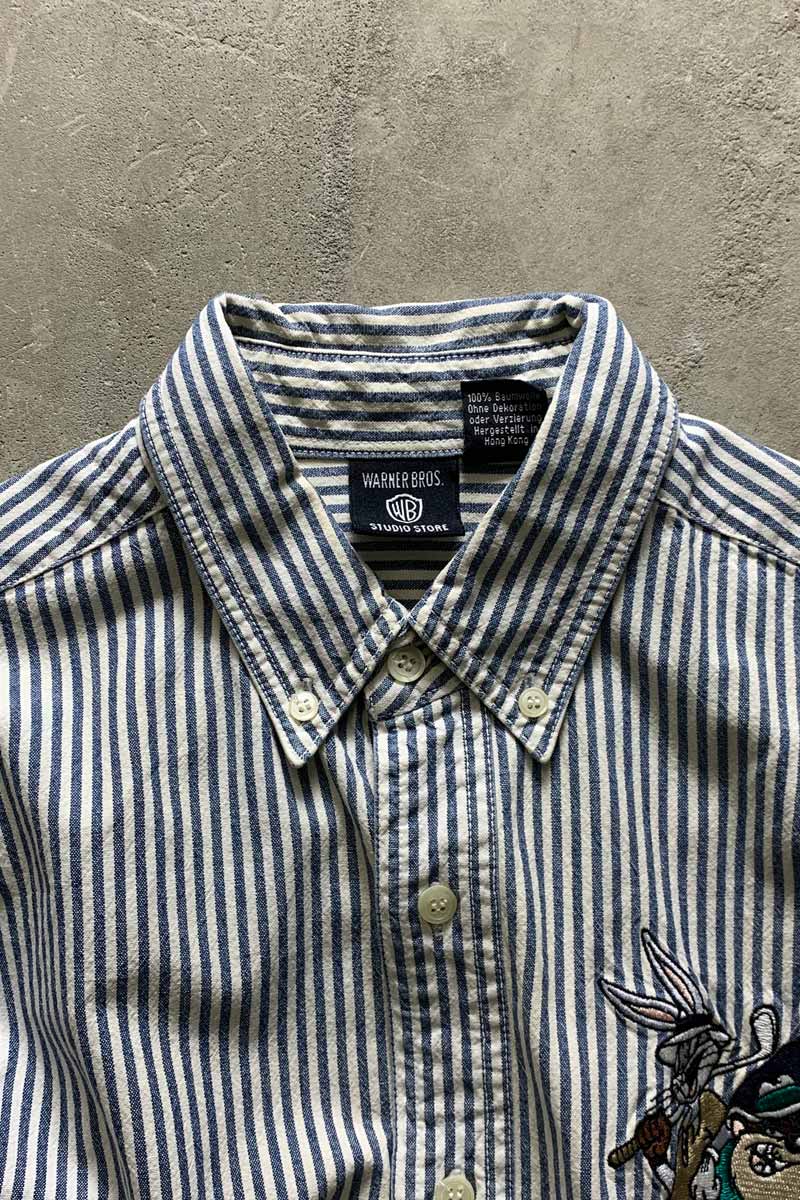 90's S/S STRIPE EMBROIDERY POCKET SHIRT / BLUE [SIZE: S USED]