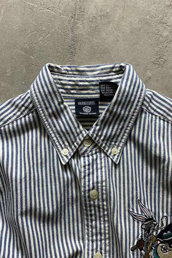 90's S/S STRIPE EMBROIDERY POCKET SHIRT / BLUE [SIZE: S USED]