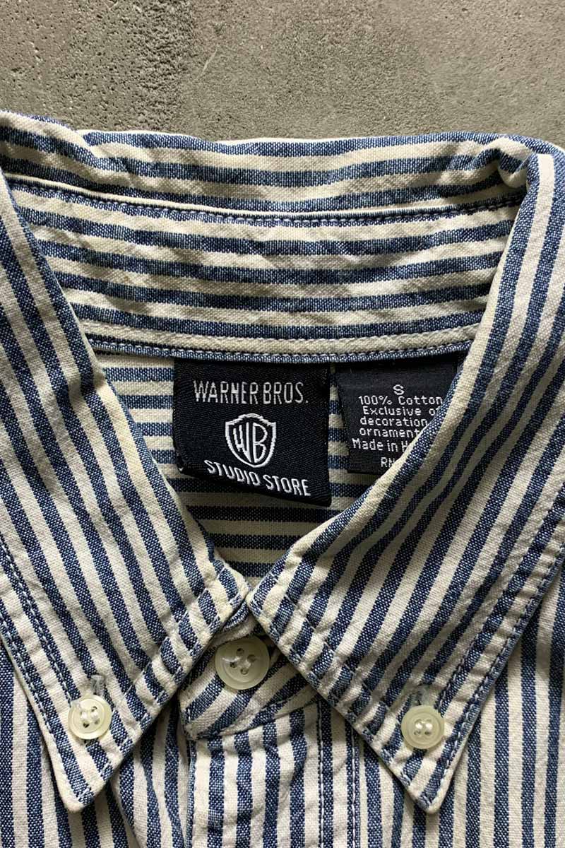 90's S/S STRIPE EMBROIDERY POCKET SHIRT / BLUE [SIZE: S USED]