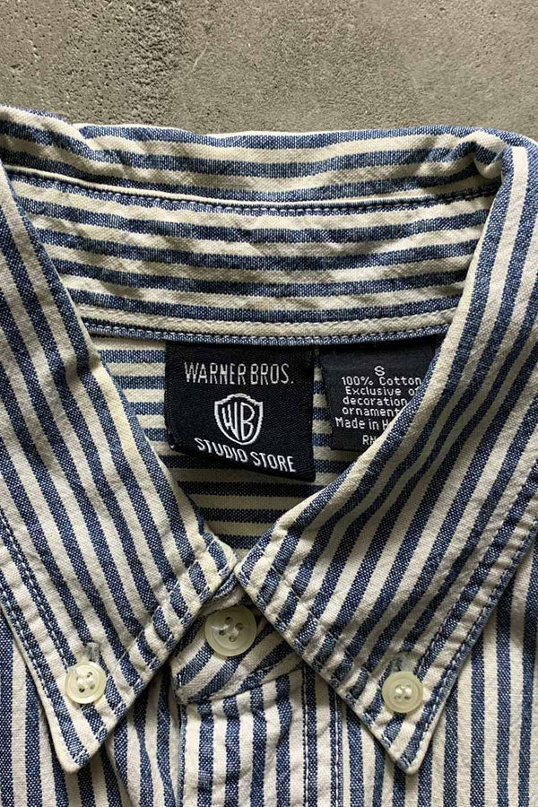 90's S/S STRIPE EMBROIDERY POCKET SHIRT / BLUE [SIZE: S USED]