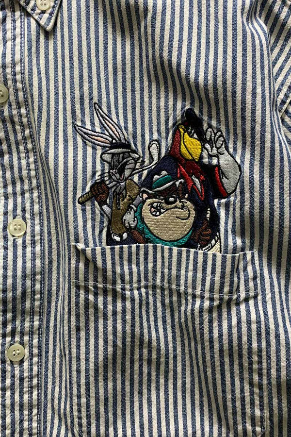 90's S/S STRIPE EMBROIDERY POCKET SHIRT / BLUE [SIZE: S USED]