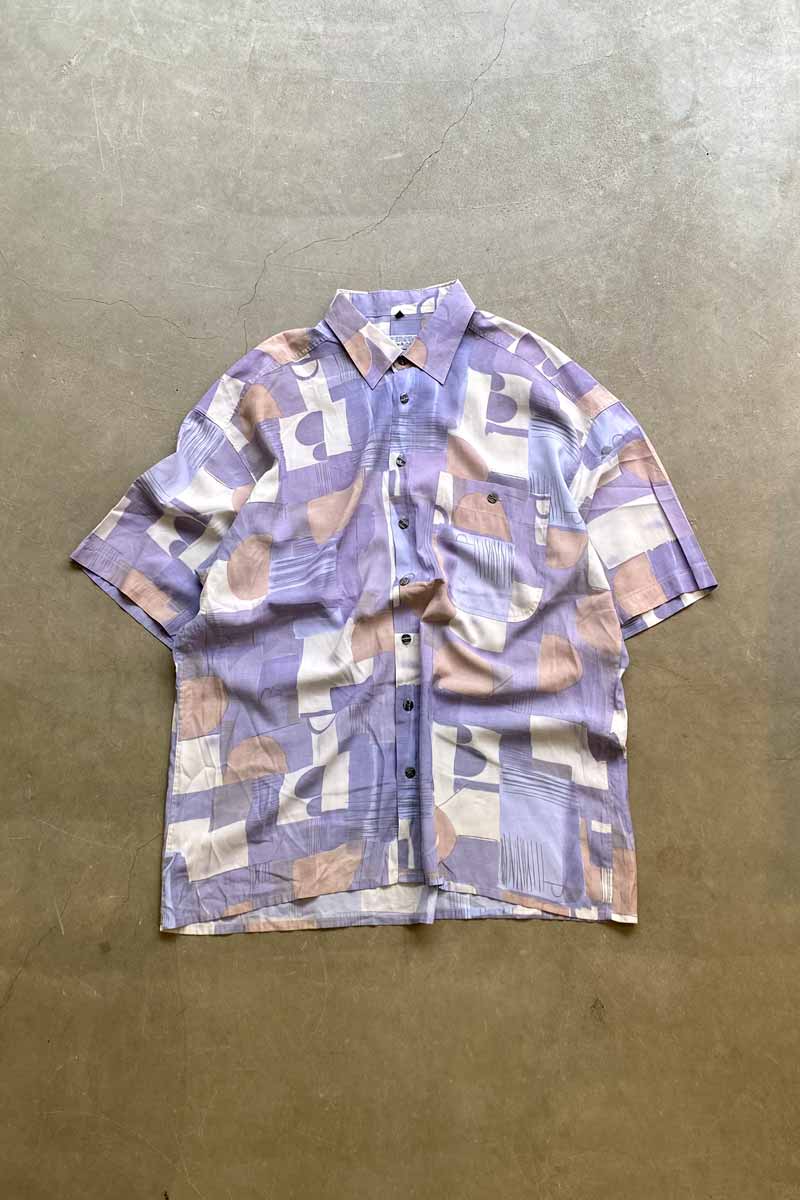 90'S S/S POCKET DESIGN PATTERN VISCOSE ART SHIRT / PURPLE [SIZE: XL USED]