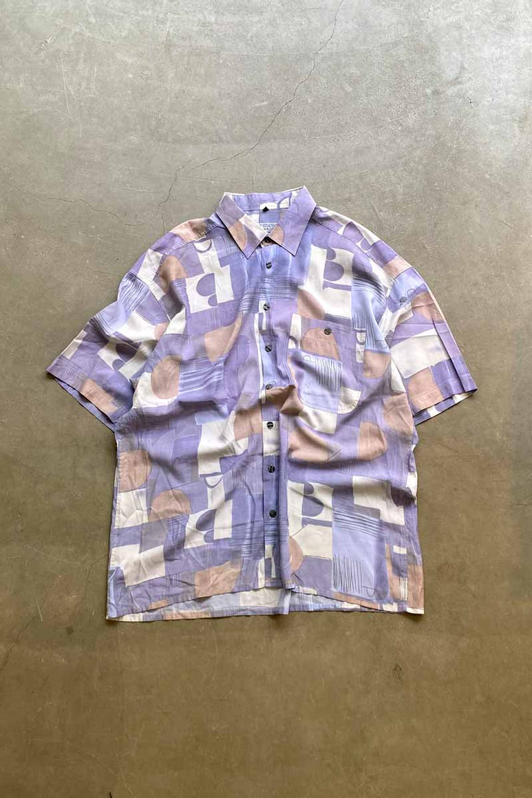 90'S S/S POCKET DESIGN PATTERN VISCOSE ART SHIRT / PURPLE [SIZE: XL USED]
