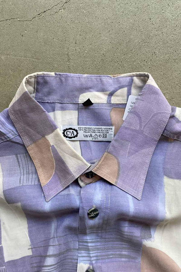 90'S S/S POCKET DESIGN PATTERN VISCOSE ART SHIRT / PURPLE [SIZE: XL USED]