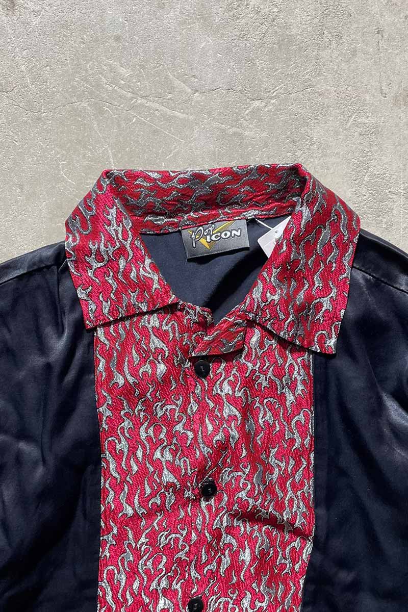 MADE IN USA 90'S FIRE PATTERN S/S SHIRT / BLACK [SIZE: L USED]