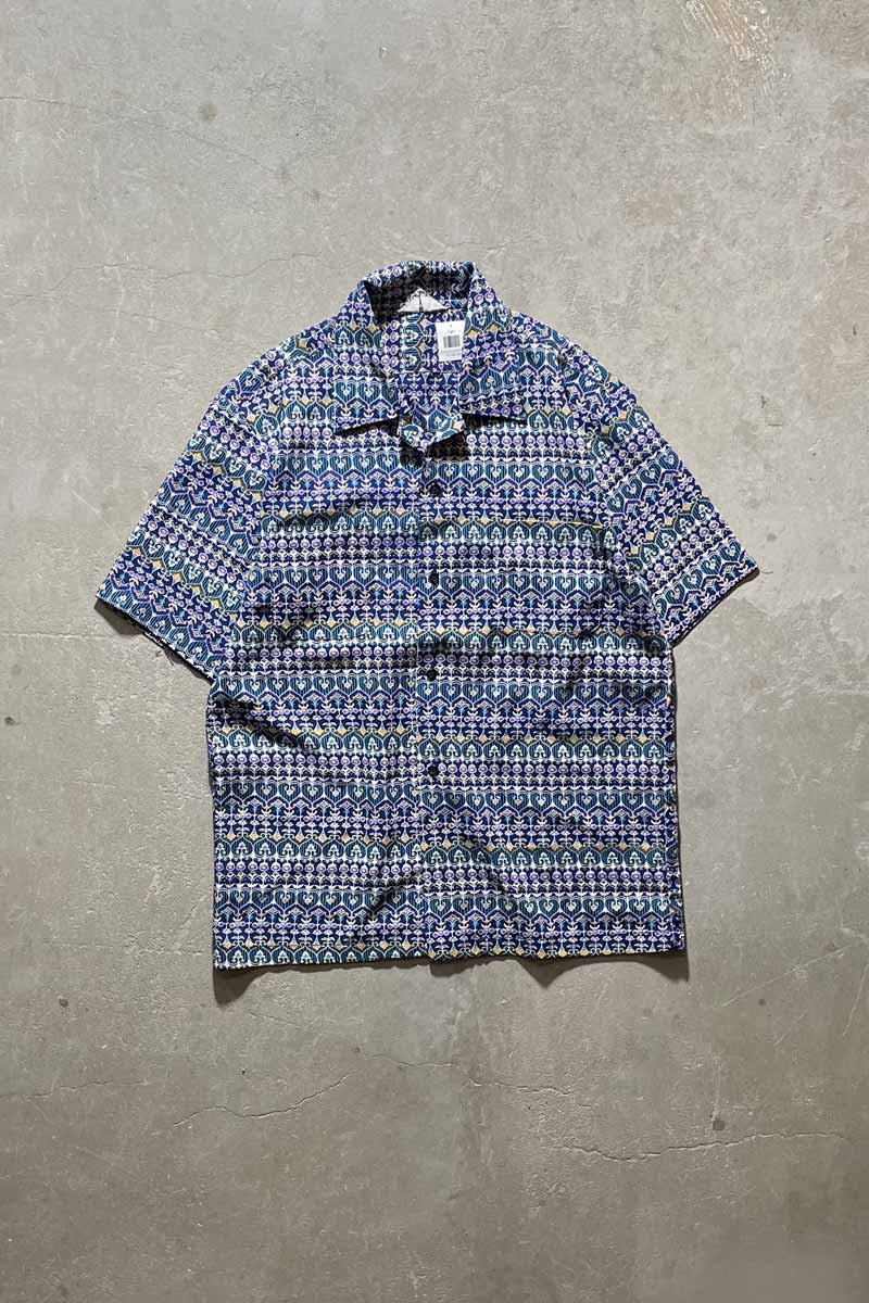 70'S OPEN COLLAR FLOWER DESIGN S/S SHIRT/ BLUE [SIZE:L USED]