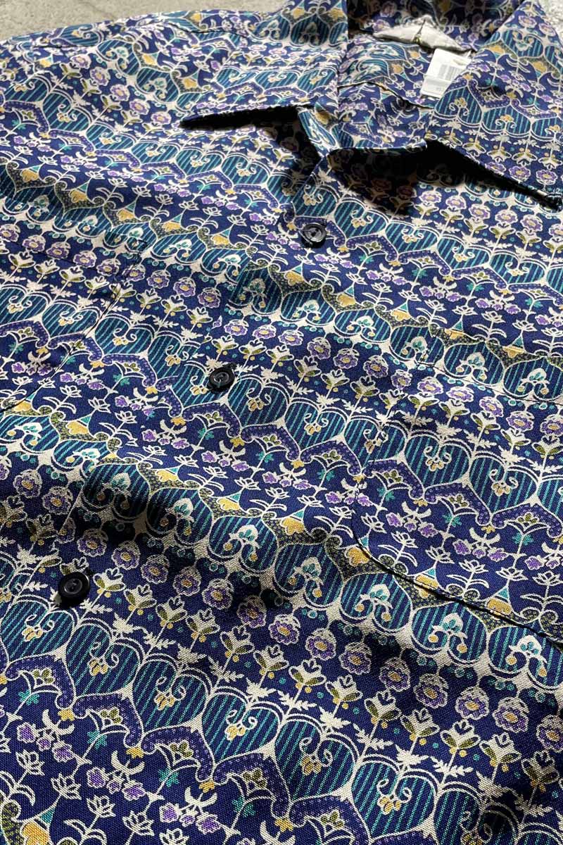 70'S OPEN COLLAR FLOWER DESIGN S/S SHIRT/ BLUE [SIZE:L USED]